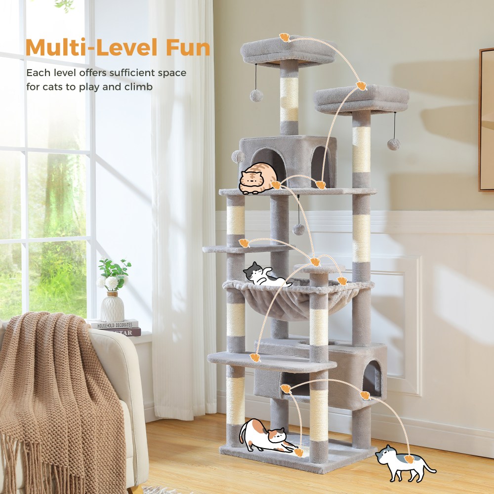 PAWZ Road 73" Cat Tree for Large Cats, Multi Level Play Tower Condo 7 Sisal Scratching Posts, Gray - Image 6