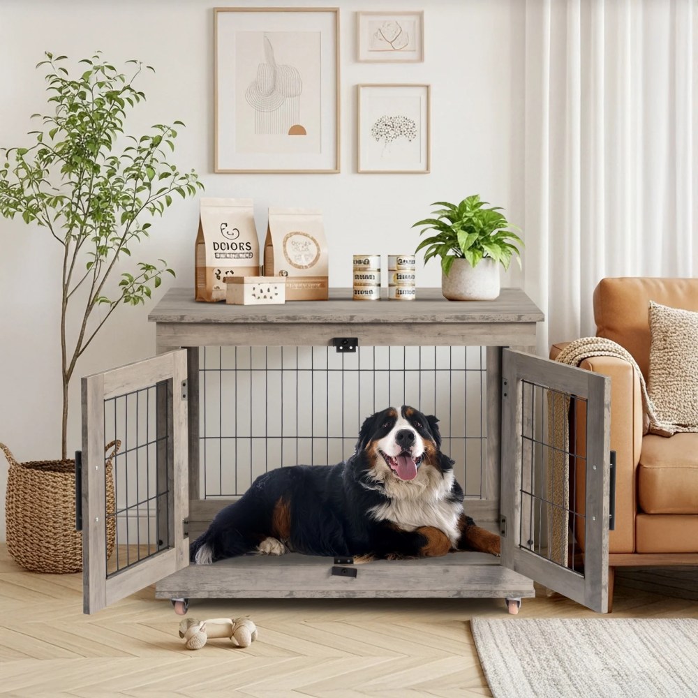 Zimtown 31In Indoor Dog Crate Furniture, Double Door Wooden Pet Cage with Removable Tray, End Table, Light Gray - Image 5