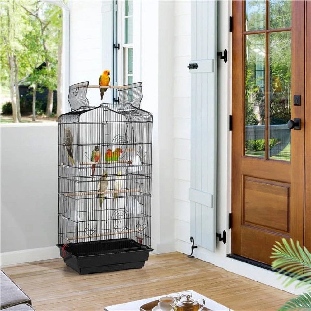 Alden Design Large 41" Metal Bird Cage with Play Top for Parakeets and Lovebirds, Black - Image 4