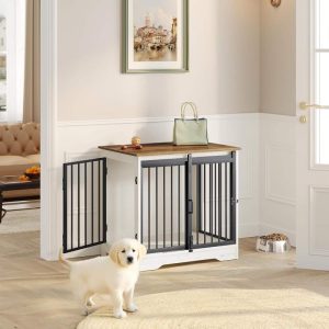 27.2"Dog Crate Furniture with Barn Door, Wooden Pet Cage End Table for Small Medium Dogs up to 22 lb