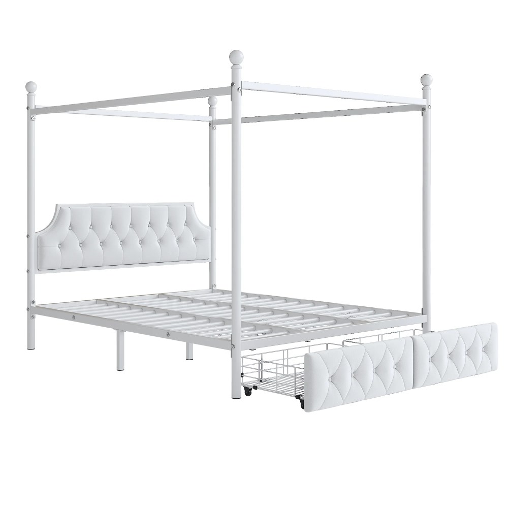 Euroco Wood Queen Size Canopy Platform Bed with Four Support Legs and 2 Drawers for Kids Teens Adults, White - Image 4