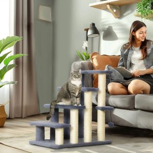 PawHut 4 Levels Cat Steps with Scratching Posts for High Bed,  Sofa,  Gray