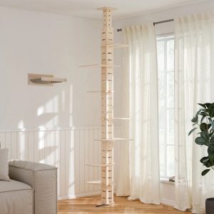 Coziwow 114"H Adjustable Height Floor-To-Ceiling Vertical Cat Tree,  Natural Wood