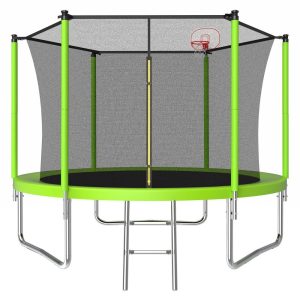 10FT Trampoline for Kids, Outdoor Trampoline with Basketball Hoop, Recreational Trampoline with Safety Enclosure Net, Green
