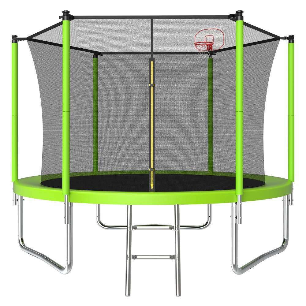 10FT Trampoline for Kids, Outdoor Trampoline with Basketball Hoop, Recreational Trampoline with Safety Enclosure Net, Green
