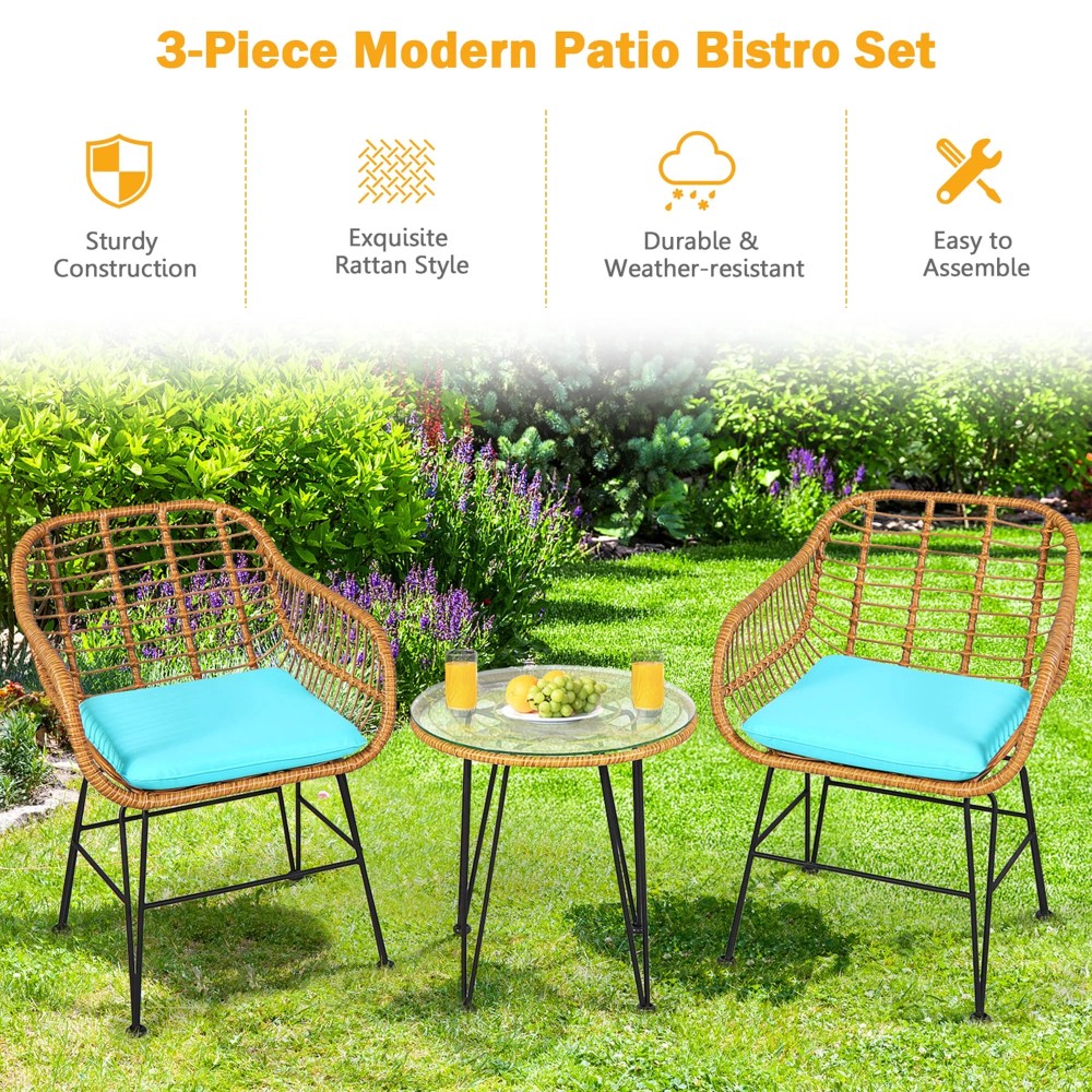 Gymax 3PCS Rattan Patio Bistro Set Conversation Furniture Set w/ Turquoise Cushions - Image 3