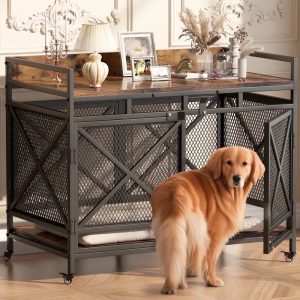 48 inch Dog Crate Furniture for Large Breeds (up to 90 lb),  Wooden & Steel,  360'Casters,  Waterproof Top,  Steel Lock, Vintage Brown