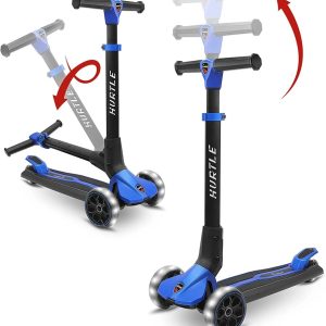 3-Wheel Foldable Kids Scooter - Child Toy Scooter with Built-in LED Wheel Lights, Easy Maneuvering Lean-to-Steer Technology (Blue)