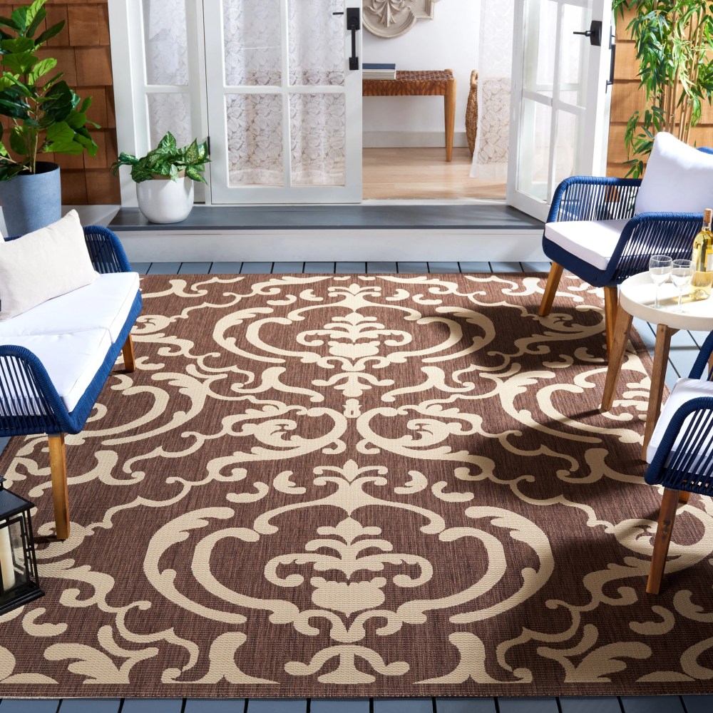 Safavieh Courtyard Dara Damask Indoor/Outdoor Area Rug, Chocolate/Natural, 6'7" x 6'7" Square - Image 9