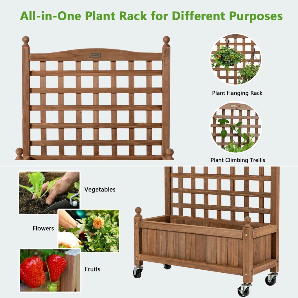 Gymax 2PC 32in Wood Planter Box w/Trellis Mobile Raised Bed for Climbing Plant - Image 10