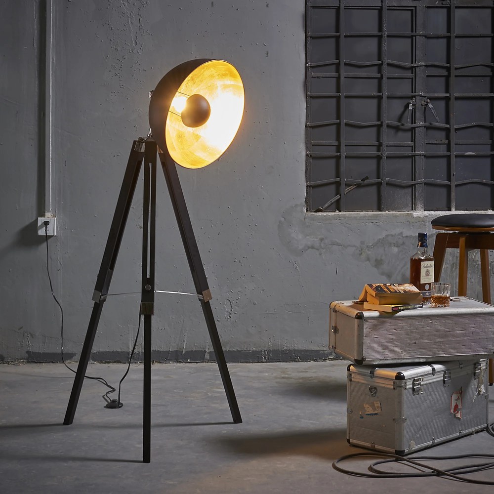 Teamson Home Tripod Floor Lamp Industrial Metal Dish Shade Black Fascino VN-L00019A