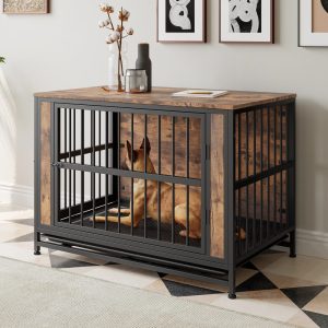 Dog Crate Furniture,  Wooden Dog Crate Table,  38.9" Dog Kennel with 2 Sliding Doors and Thick Iron Door Frame,  Decorative Pet Crate House