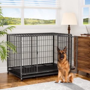 YOKWOK 48 Inch Heavy Duty Wire Dog Crate for Large Dogs,  Indestructible Metal High Anxiety Escape Proof Cage with Wheels & Removable Tray,  Double-Door Design,  XL Dog Kennel for Indoor