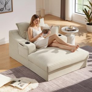 68" Oversized Chaise Lounge Chair Indoor,Holaki Corduroy Upholstered Boneless Sofa Bed with 2 Cup Holder & Throw Pillow,Comfy Cloud Sofas Couch for Living Room,No Assembly Required,Camel