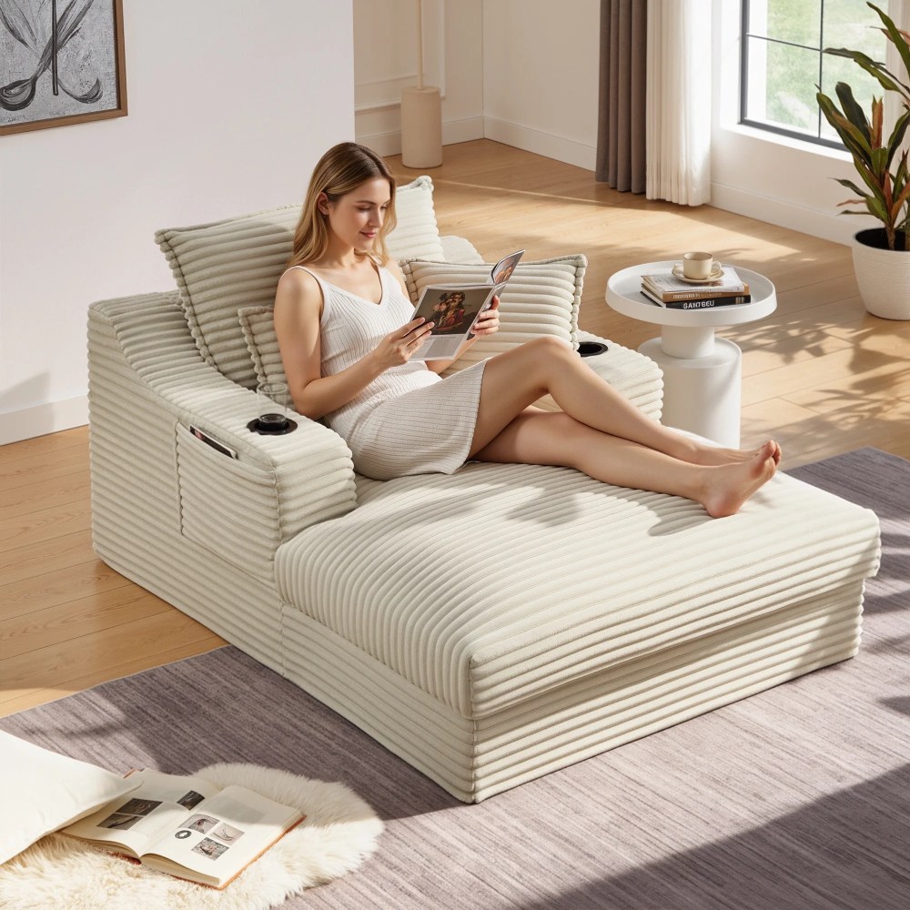 68" Oversized Chaise Lounge Chair Indoor,Holaki Corduroy Upholstered Boneless Sofa Bed with 2 Cup Holder & Throw Pillow,Comfy Cloud Sofas Couch for Living Room,No Assembly Required,Camel
