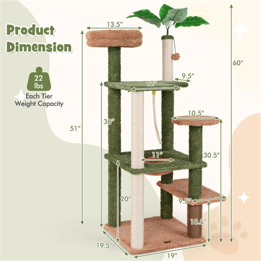Pefilos 60" Cactus Cat Tree Tower for Indoor Cats, Multi-Level Cat Condo, Cat Tree House with Sisal Scratching Posts, Hammock and Perch, Green - Image 2