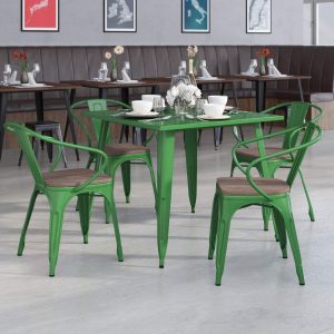 Flash Furniture 4 Pk. Green Metal Chair with Wood Seat and Arms
