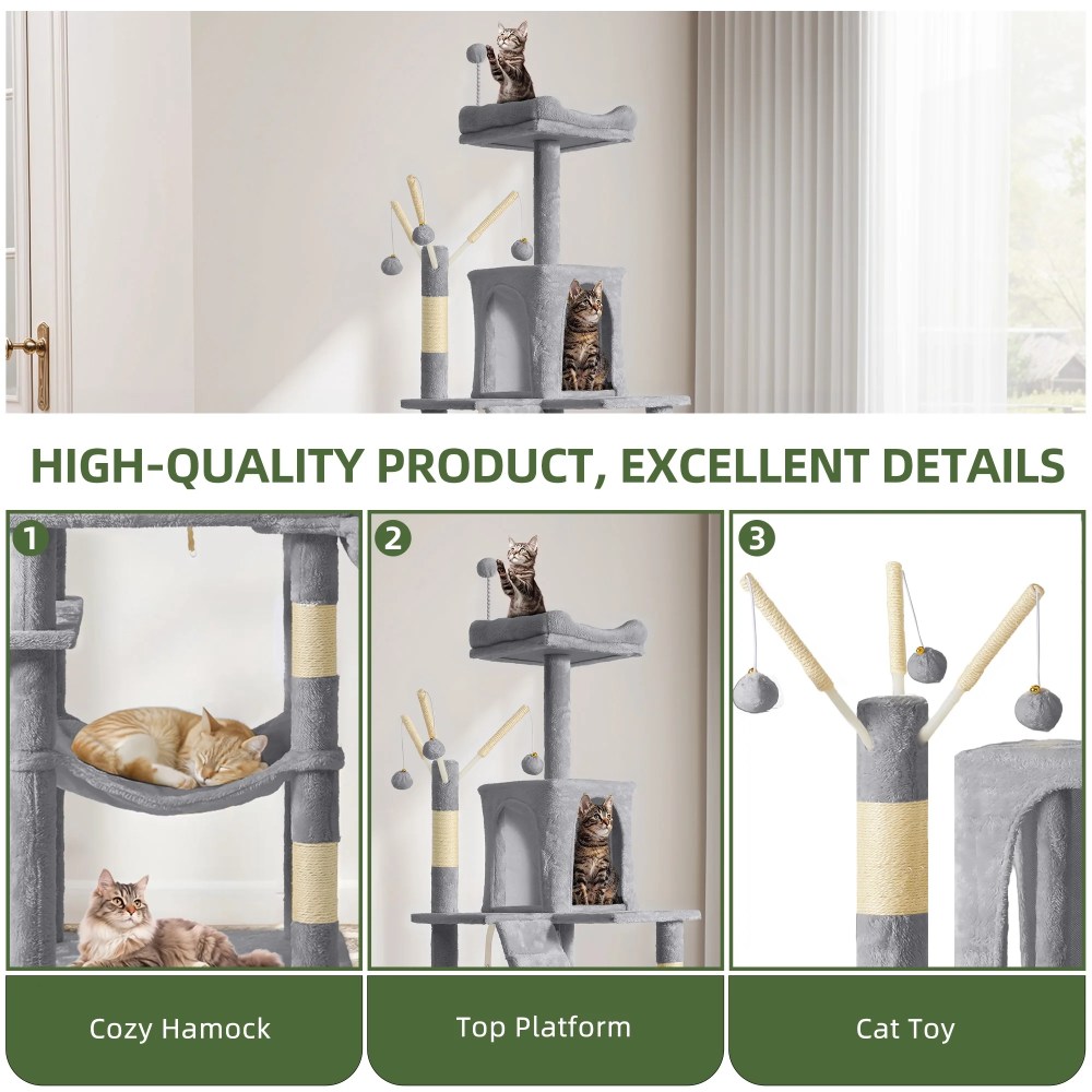 Uforic 64.5" Cat Tree Tower, Multi-Level Play Tower Condo with Scratching Posts&Perch Hammock for Indoor Cats, Light Gray - Image 2
