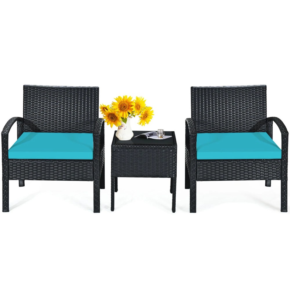 Gymax 3PCS Patio Rattan Conversation Furniture Set Outdoor Yard w/ Turquoise Cushions - Image 3