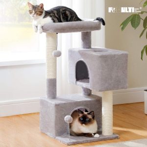 PEQULTI 31.5" Modern Cat Tree Tower with Dual Large Condos for Kitten - Medium Size Cat Light Gray