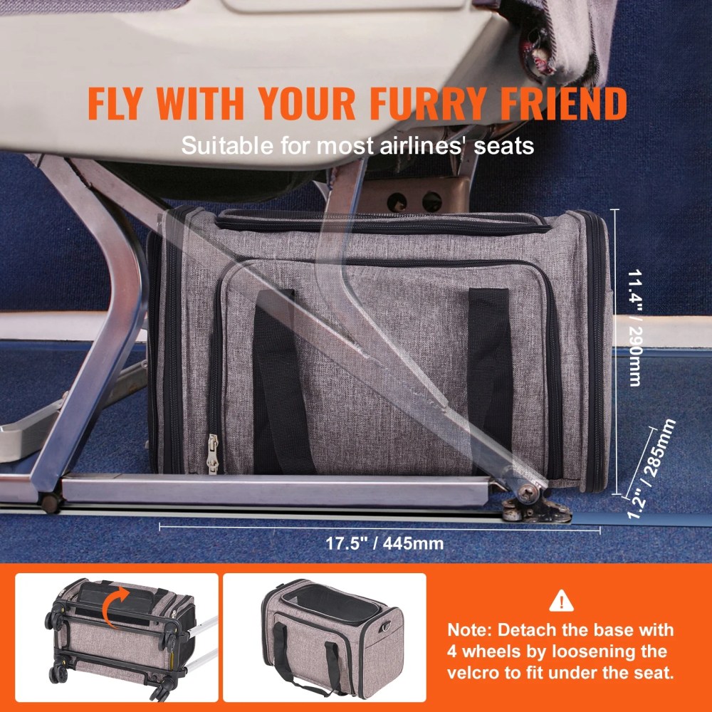 VEVOR Cat Carrier with Wheels Airline Approved Rolling Pet Carrier 25 lbs Grey for Cat Dog Small Medium Animals Kitten Puppy - Image 2