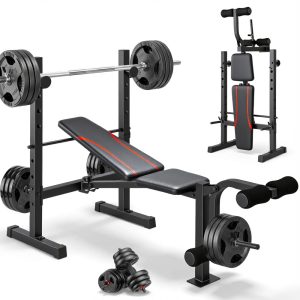 VIBESPARK 600LBS Foldable Weight Bench with Leg Extension and Leg Curl,  Adjustable Workout Bench Set with Squat Rack,  Olympic Bench Press for Home Gym Full-Body Strength Training