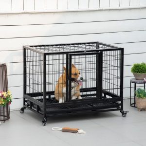 PawHut 36" Heavy Duty Dog Crate,  Indestructible Dog Cage Kennel with Removable Tray,  Lockable Wheels and 2 Doors,  Black