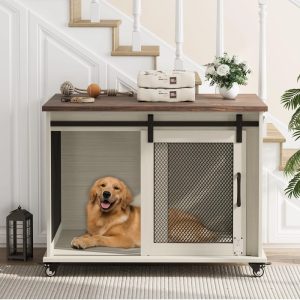Ataucjin 37" Dog Crate Furniture with Sliding Barn Door, Dog Kennel Indoor with Flip Top, Wheels and Removable Divider, Wooden Dog Cage Furniture for Medium Dogs, Large Corner Dog Crate Table Dog Crat