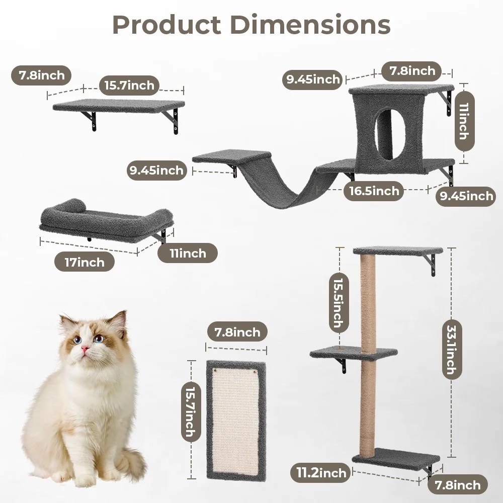 Cat Wall Shelves Perches Set, DOMIPET 5 in 1 Wall Furniture, Sleeping Playing Lounging Climbing Wall-mounted Cat Tree House for Multiple Cats - Image 8