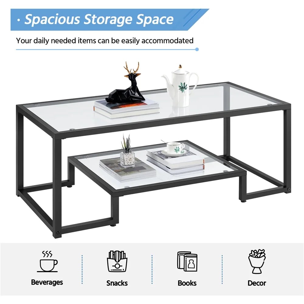 Alden Design Modern Glass Coffee Table with Metal Frame, Black - Image 7