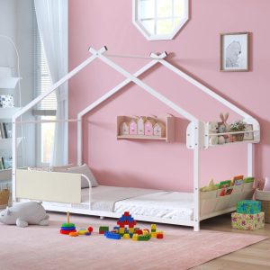 Yoneston Twin Floor Bed with Storage Caddy & Shelf,House Bed Frame with Fence,Montessori Floor Bed for Kids,Boys and Girls,White