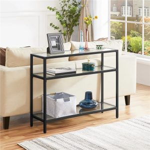 Alden Design 3-layer Modern Tempered Glass Console Table with Shelves for Living Room,Black