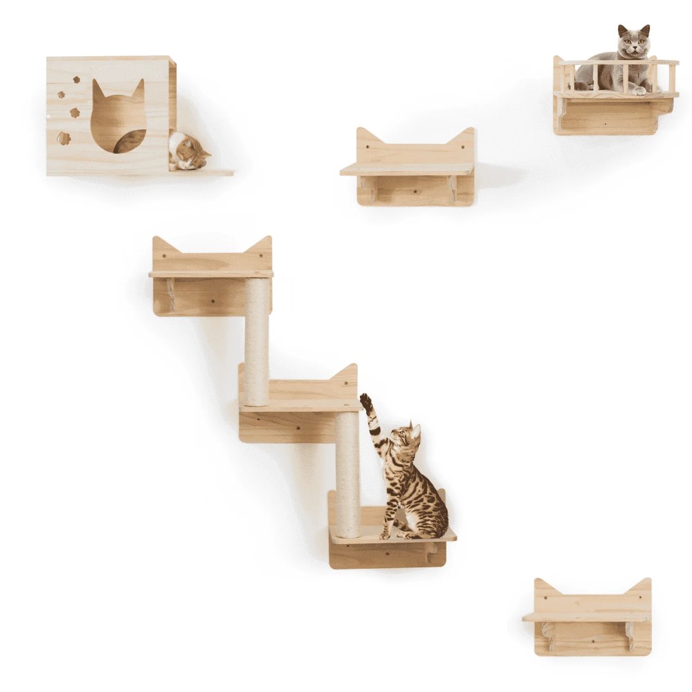 MIUZMORE 9-Piece Wall-Mounted Cat Shelves Set, House, Lookout Tower, 2 Sisal Scratching Posts, 5-Step Cat Wall Ladder, Space-Saving Indoor Furniture