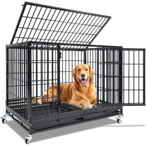 Homey Pet 47 Inch Stackable Heavy Duty Dog Crate,  Indestructible Escape Proof Cage for High Anxiety Large Dogs,  XL Dog Kennel Indoor with Auto Locks, No-Noise Grid, Dual Trays, 360'Wheels, Top Acces