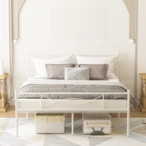 Yoneston Queen Size Metal Bed Frame Bedroom Mattress Platform Foundation with Headboard