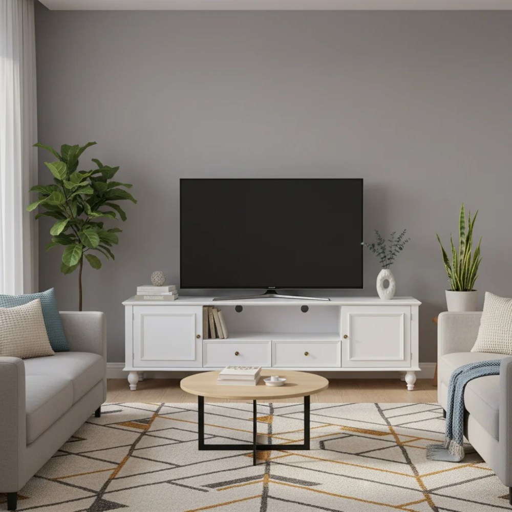 70.9" Modern TV Stand for TVs up to 80 Inches,Entertainment Center with 2 Drawers & 2 Cabinets, TV Media Console Cabinet with Open Compartment, White