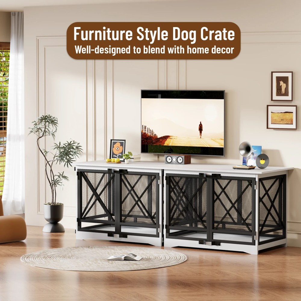 48 inch Extra Large Dog Crate Furniture, Double Door Indoor Kennel, End Side Table Wooden Dog Crates, Anti-Chew Anti-Escape, White - Image 2