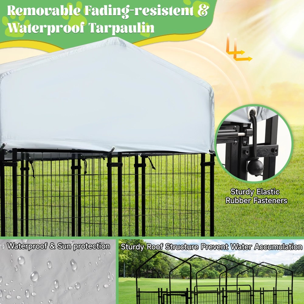 Haverchair Large Outdoor Dog Kennel, Heavy Duty Welded Wire Steel Dog Enclosure Playpen Crate with Waterproof UV-Resistant Roof Cover, Double Lock Dog Kennels Fence with Rotating Feeding Door Bowls - Image 4