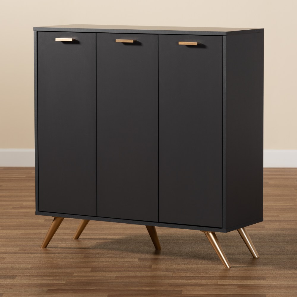 Baxton Studio Kelson Modern and Contemporary Dark Grey and Gold Finished Wood 3-Door Shoe Cabinet - Image 10