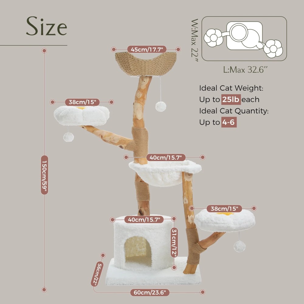 PAWZ Road 59" Modern Cat Tree Natural Branch Cat Tower Luxury Furniture with Scratching Posts for Large Cats, White - Image 7