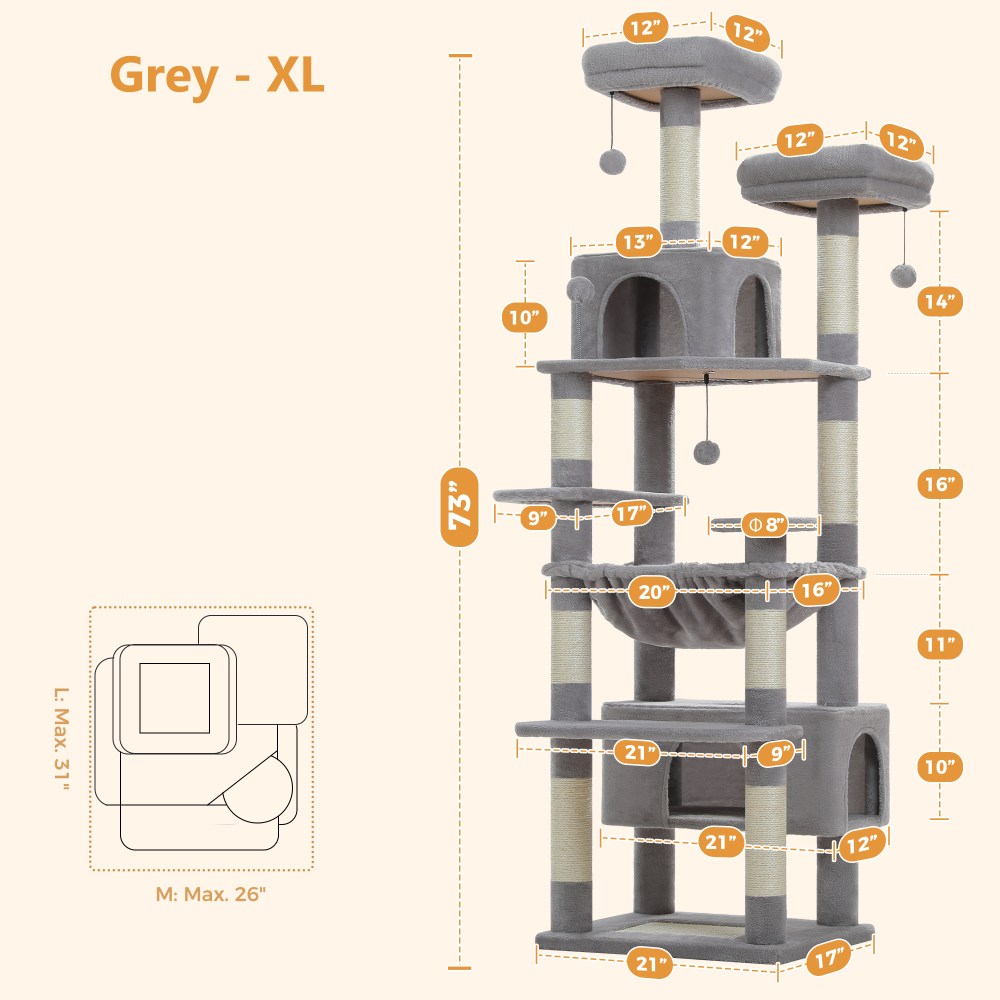 PAWZ Road 73" Cat Tree for Large Cats, Multi Level Play Tower Condo 7 Sisal Scratching Posts, Gray - Image 9