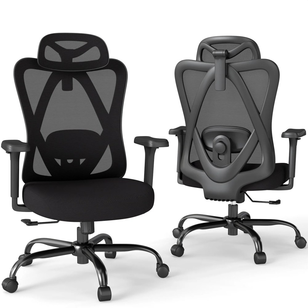YERAIRR Highback Mesh Office Chair with Adjustable Headrest,Lumbar Support,and 3D Armrests Ergonomic Swivel Task Chair Black