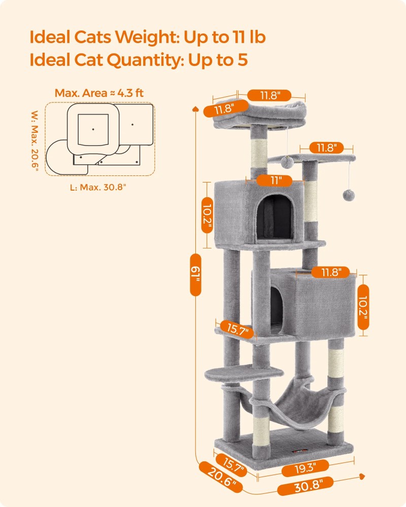 61"H Cat Tree Cat Tower for Indoor Cats, Plush Multi-Level Cat Condo with Scratching Posts, Perches, Caves, Hammock, Light Gray - Image 5