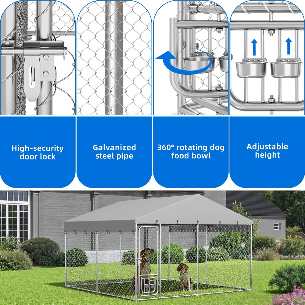 Dextrus 10'x10" Large Outdoor Dog Kennel, Outdoor Dog Enclosure with Rotating Feeder Bowls & Roof, Heavy Duty Dog Kennel for Backyard Farm - Image 6
