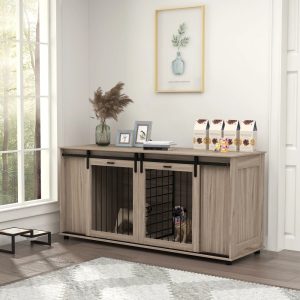 PawHut 71" Dog Crate Furniture with Removable Divider for 2 Small Dogs or 1 Large Dog,  Dog Kennel Furniture with Storage,  Double Doors