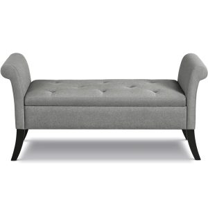 Alden Design Button Tufted Ottoman Storage Bench with Rolled Arms,Light Gray Fabric