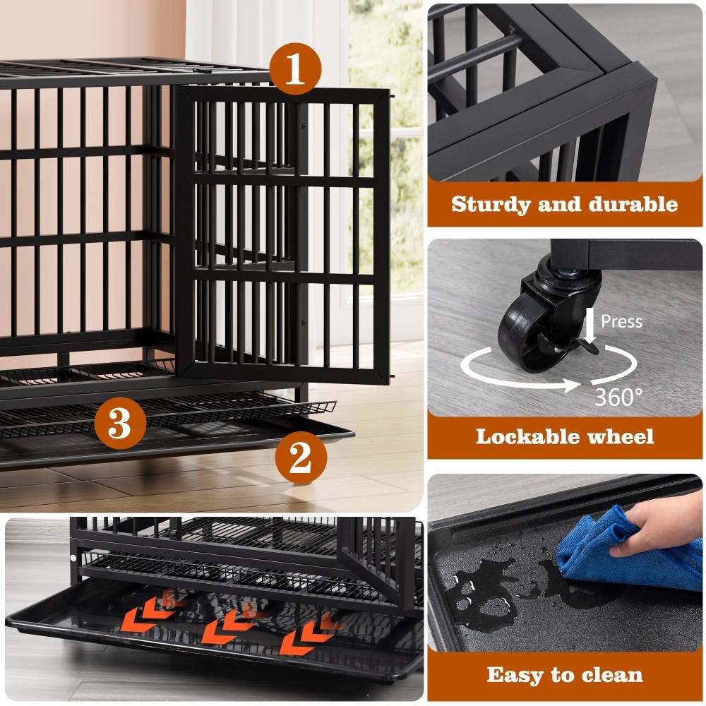 48" Heavy Duty Stainless Steel Dog Cage with Double Doors Divider Panel & Removable Tray for Indoor Outdoor Black - Image 5