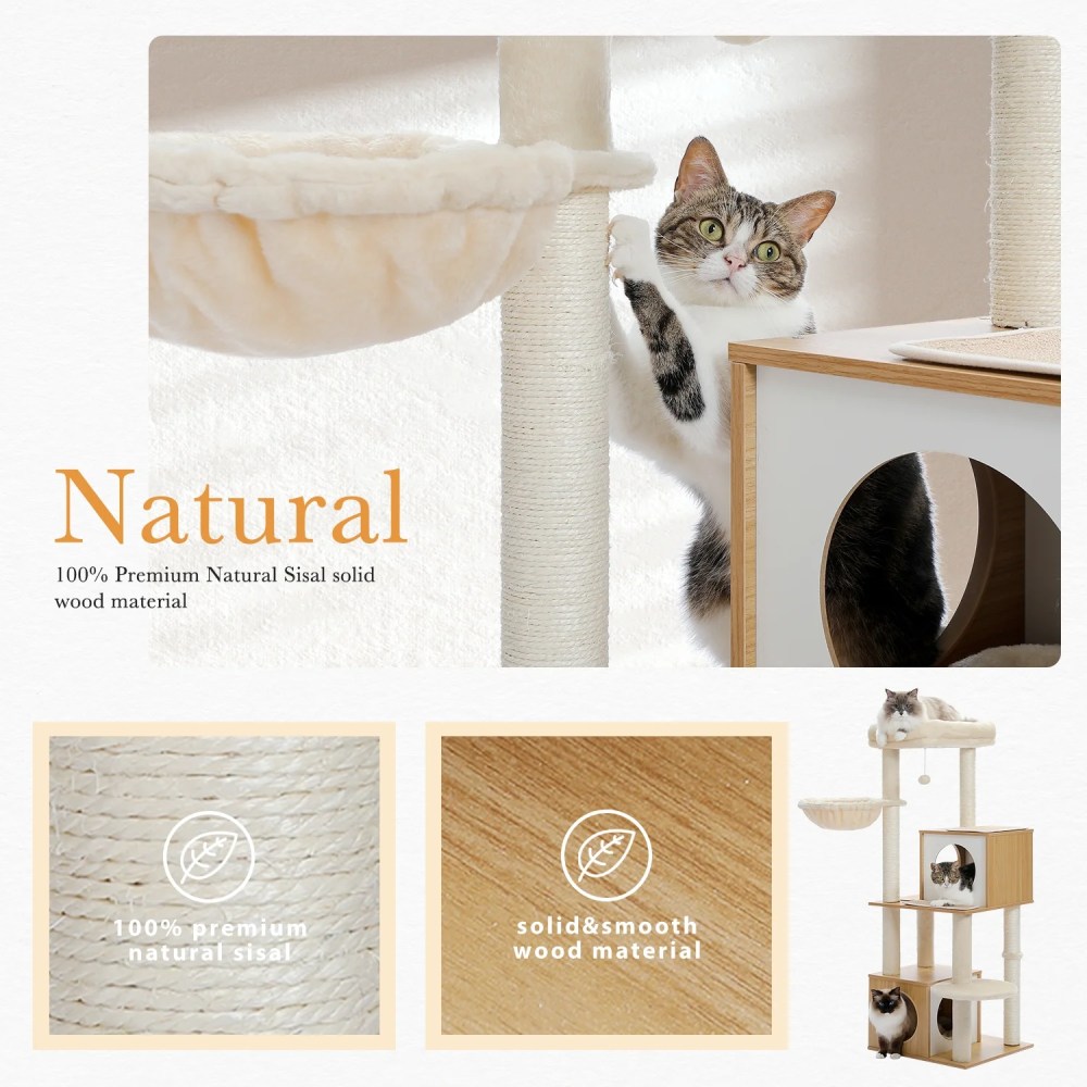 Pefilos 51" Wooden Cat Trees Towers for Large Cats with Cat Scratching Post and Removable Soft Perches Modern Cat Condo for Indoor, Beige - Image 6
