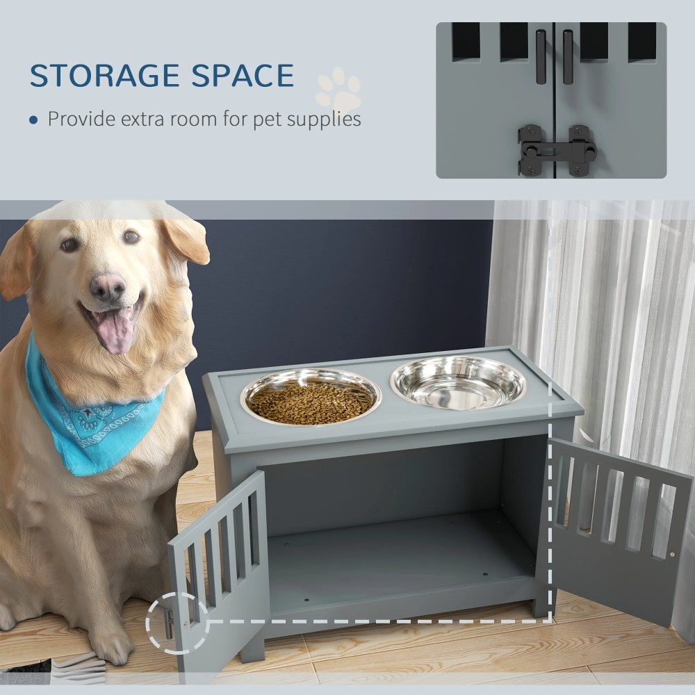 PawHut Dog Food Storage Cabinet with Bowls & Dog Feeding Station, Gray - Image 5