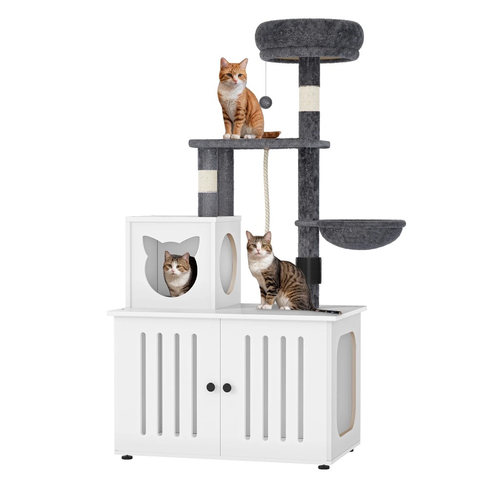 Dextrus 2-in-1 Cat Tree with Litter Box Enclosure, 53.5" Large Modern Cat Condo with Scratching Posts, Perch, Food Station, Hammocks, Scratch Post, White - Image 8